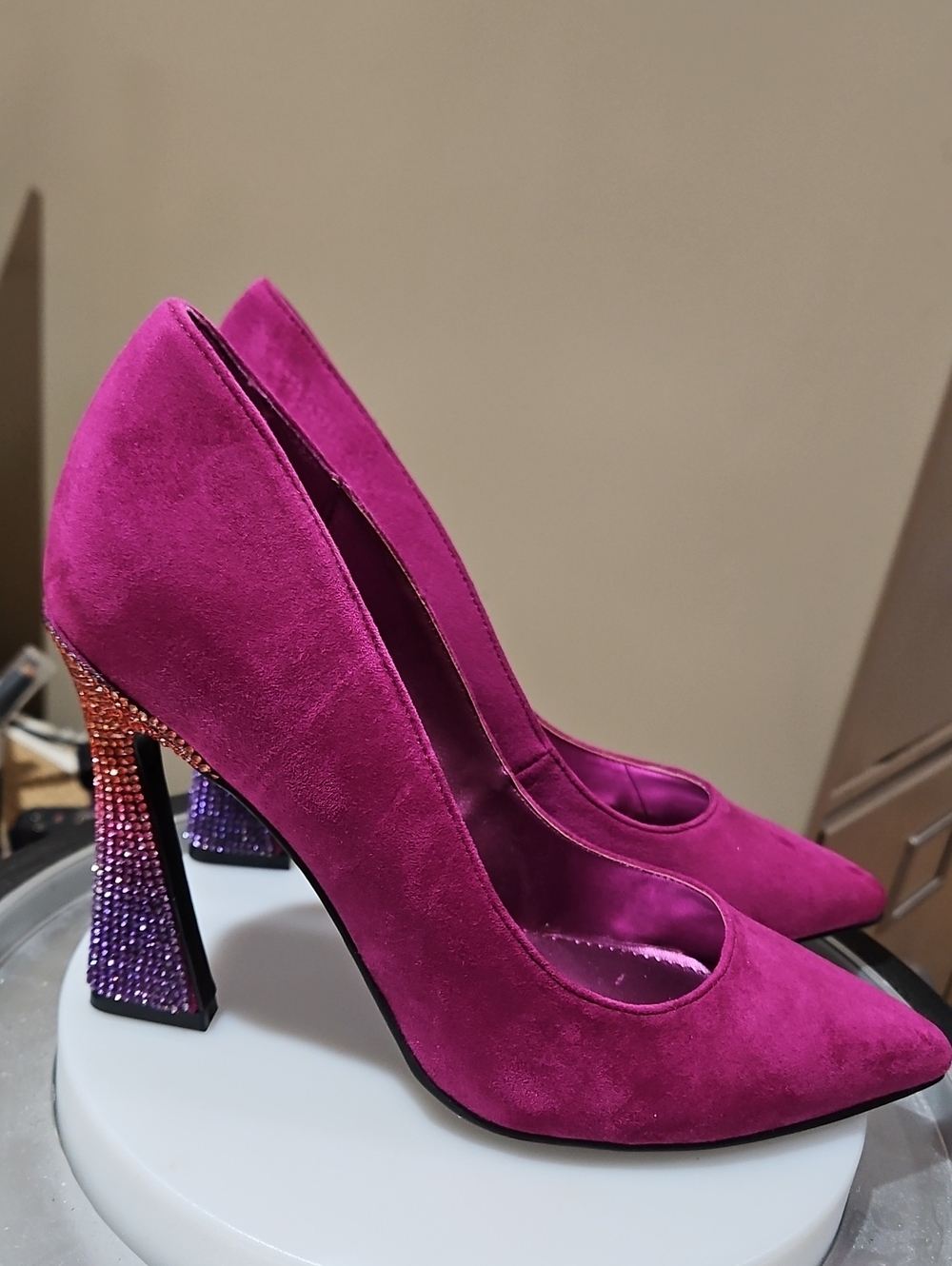 Nine West Magenta Suede Pointed-Toe Pumps with Gradient Crystal Block Heel